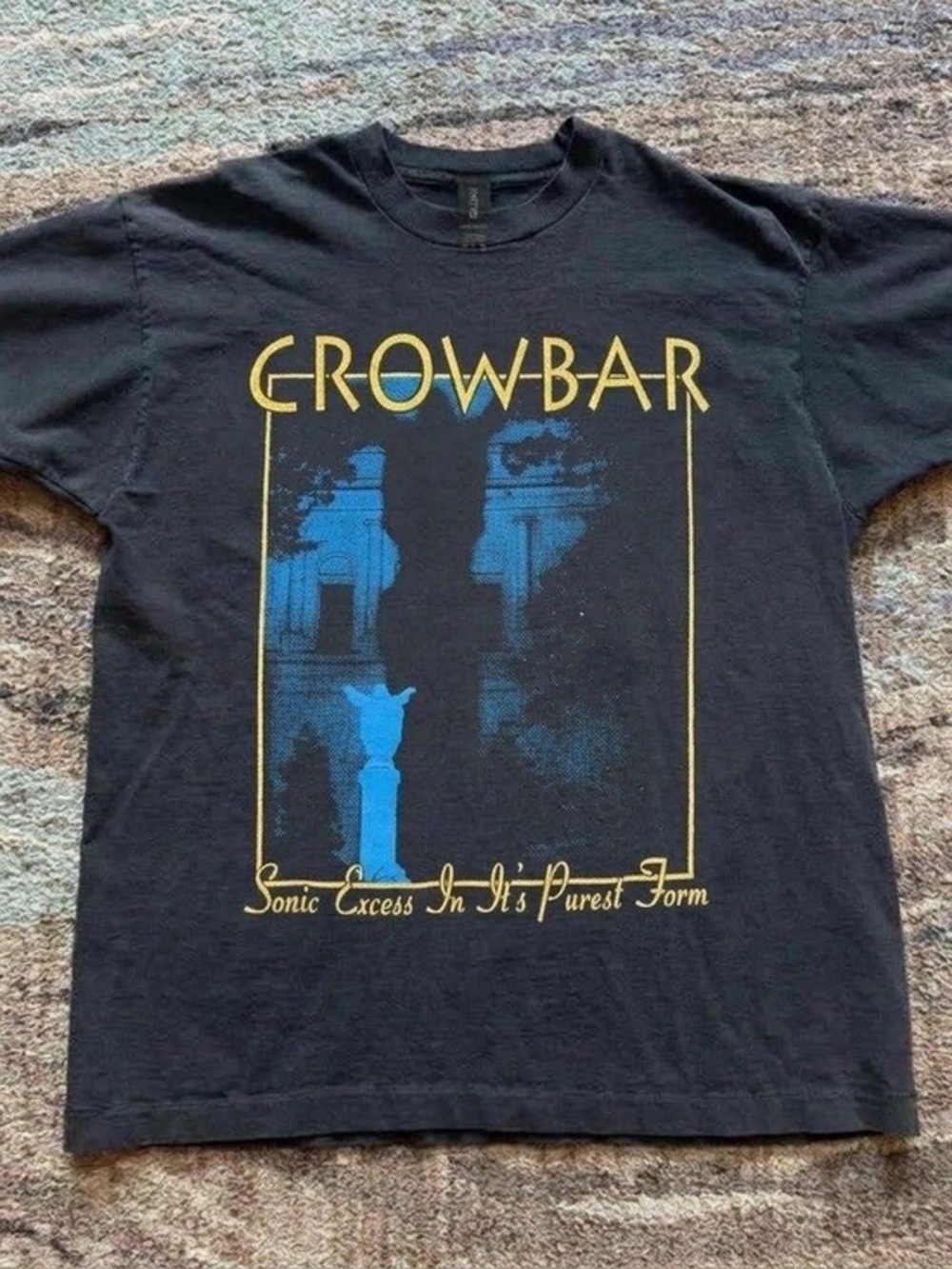 Gildan Black Crowbar Graphic Tee with Yellow & Blue Print